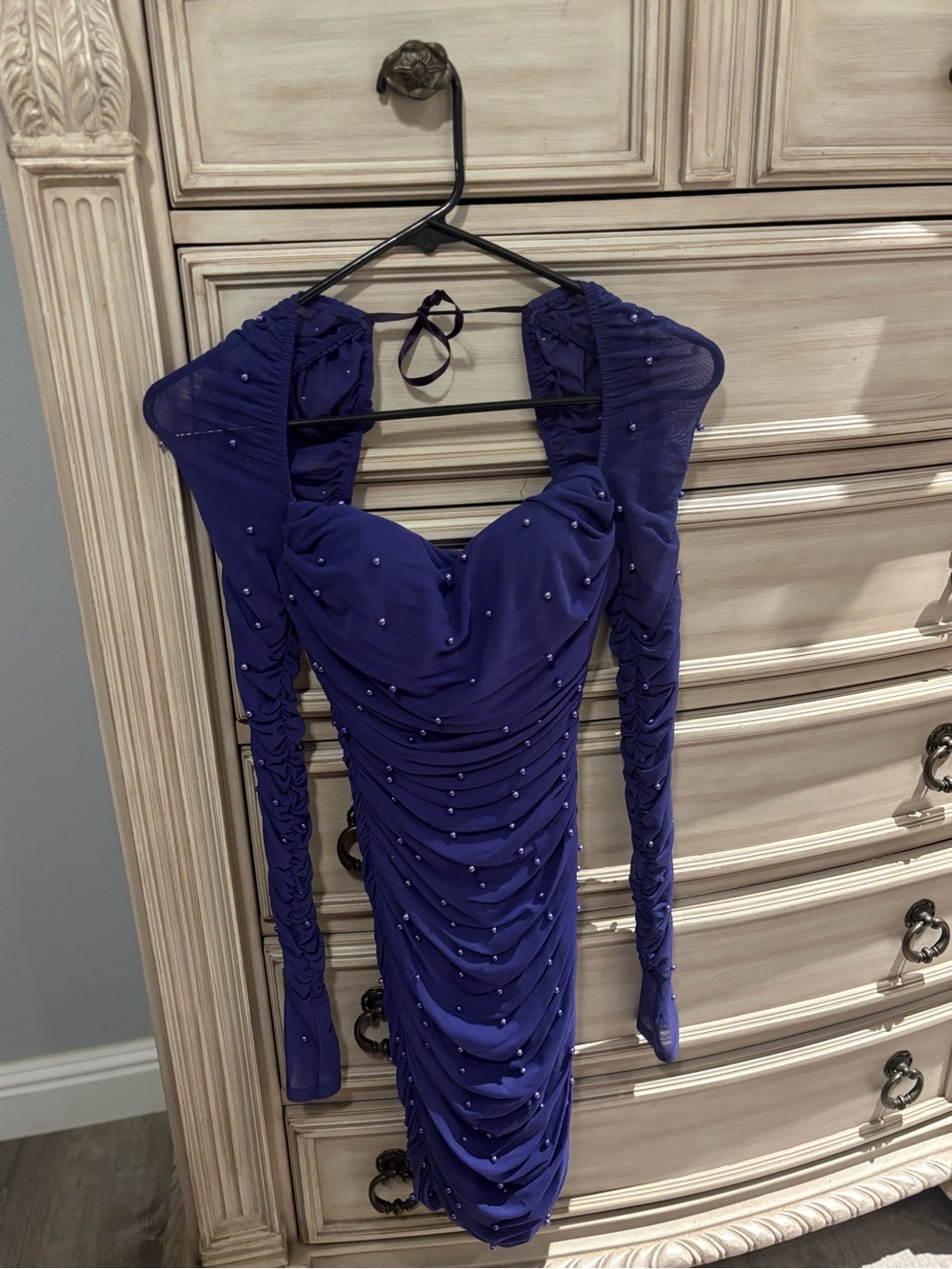Royal Blue Pearl-Embellished Ruched Mesh Mini Dress
